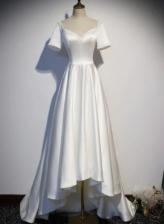 White Simple Beaded Short Sleeves High Low Wedding Party Dress, White Party Dress gh58 White Simple Beaded Short Sleeves High Low Wedding Party Dress, White Party Dress gh58