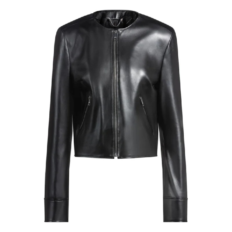 Collarless leather jacket with zip closure